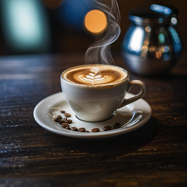 A latte with steam on a dark cafe table